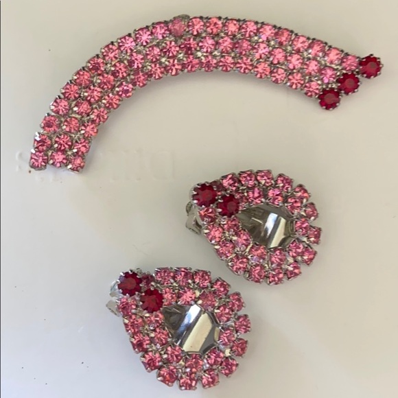 Vintage Retro Chic Brilliant Pink & Red Rhinestone Rainbow Brooch & Earring Set - Picture 5 of 14